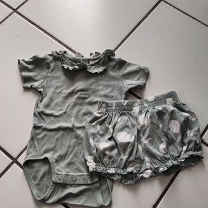 H&M Sage Green Ruffle Collar Romper with Printed Bloomers